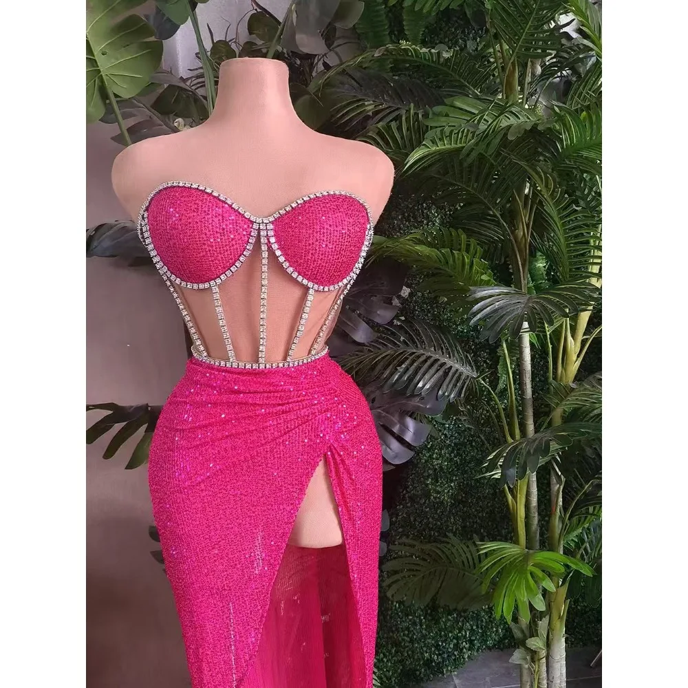 Hollow Design Bright Sheath Rhinestone Party Evening Gowns Sexy Split Long Dresses Semi Transparent Dress Fashion Prom Gowns