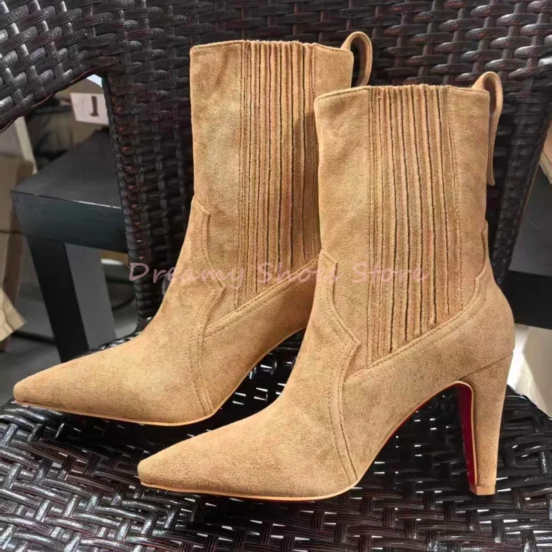 

Brown Suede Kitten Heel Pointed Ankle Boots Women Black Leather Back Zipper Short Boots Luxury Fashion Party Catwalk Lady Shoes