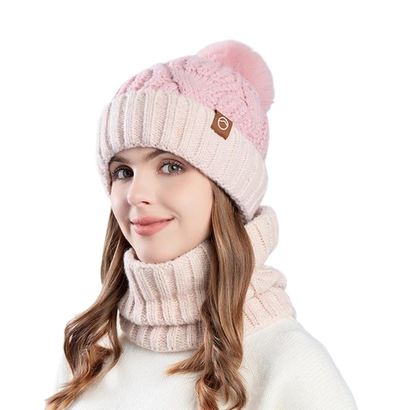

Winter Warm Hat For Women Scarf Two-piece Cover Outdoor Cold Protection Ear Protection Pullover Hat Velvet Thickened Knitted Hat