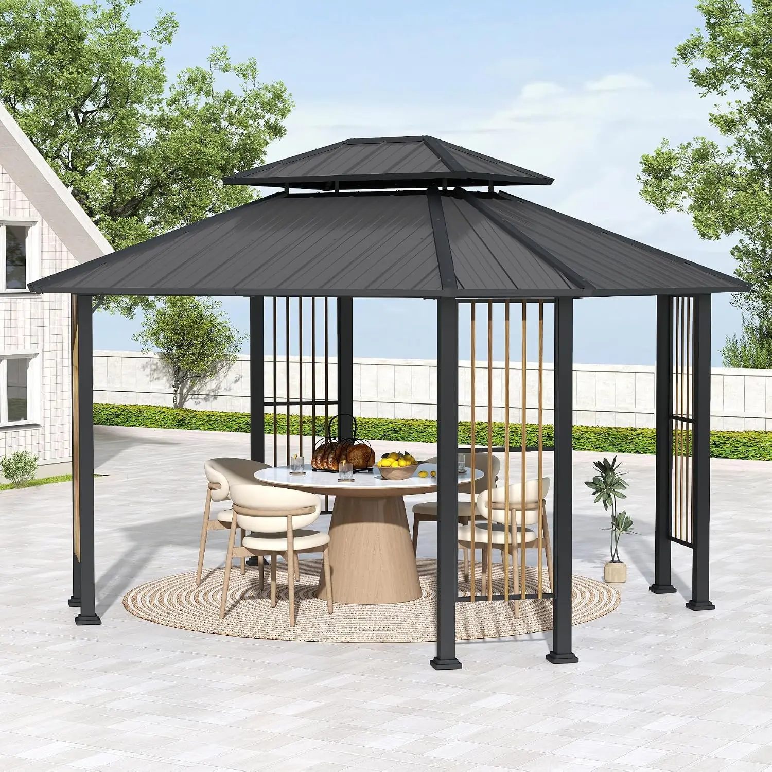 11' x 13' Octagon Outdoor Hardtop Gazebo Pavilion with Double-Tiered Ventilated Roof, Dual Rails and Ceiling Hook, Shade for Patio, Garden and Backyard