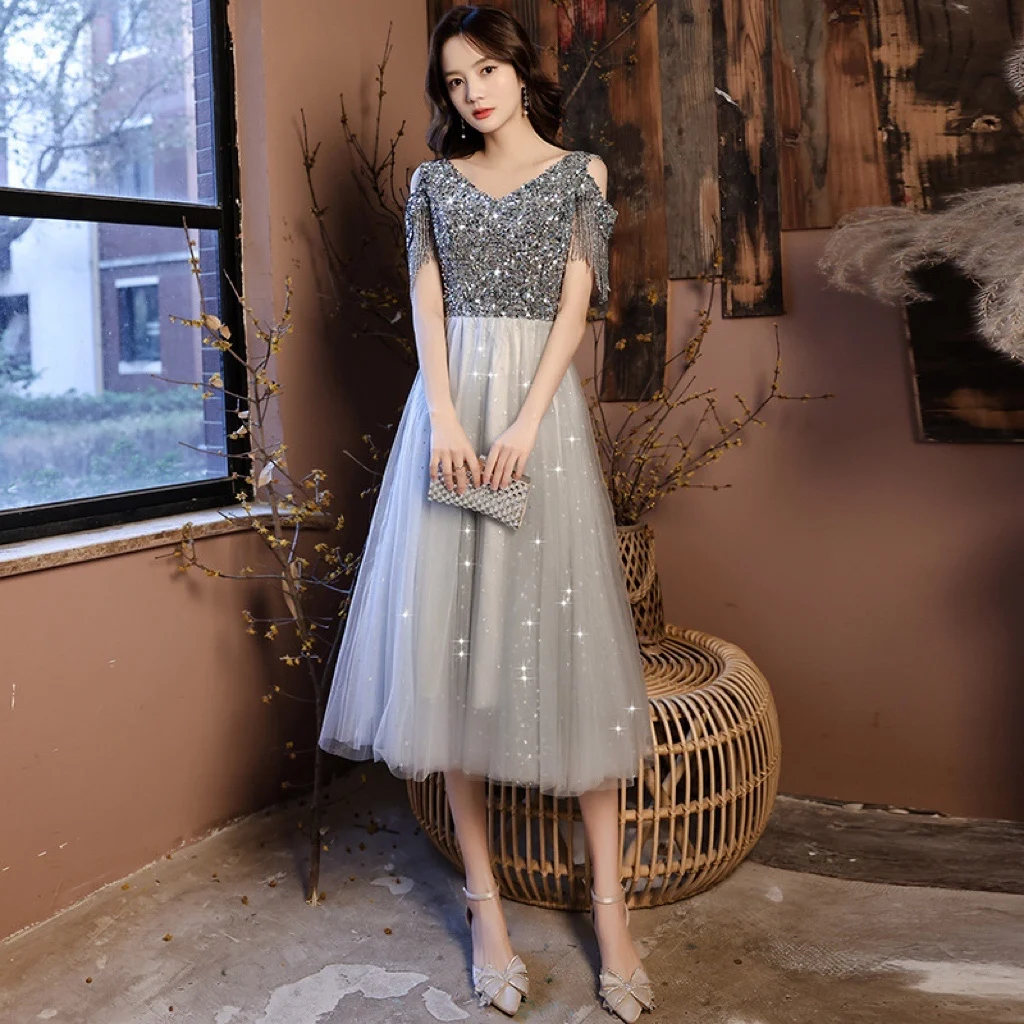 

Silver Gray Tea Length Prom Dress A Line Sexy V Neck Tassel Sleeve Off The Shoulder Sequined Lady Party Cocktail Gown With Beads