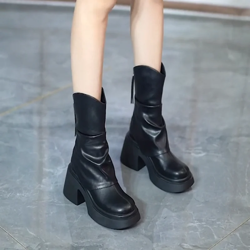 Fashion Round Toe Thick Sole All-match Ankle Boots Women\'s Chunky Heels Platform Comfortable Short Boots Increase Shoes 2024