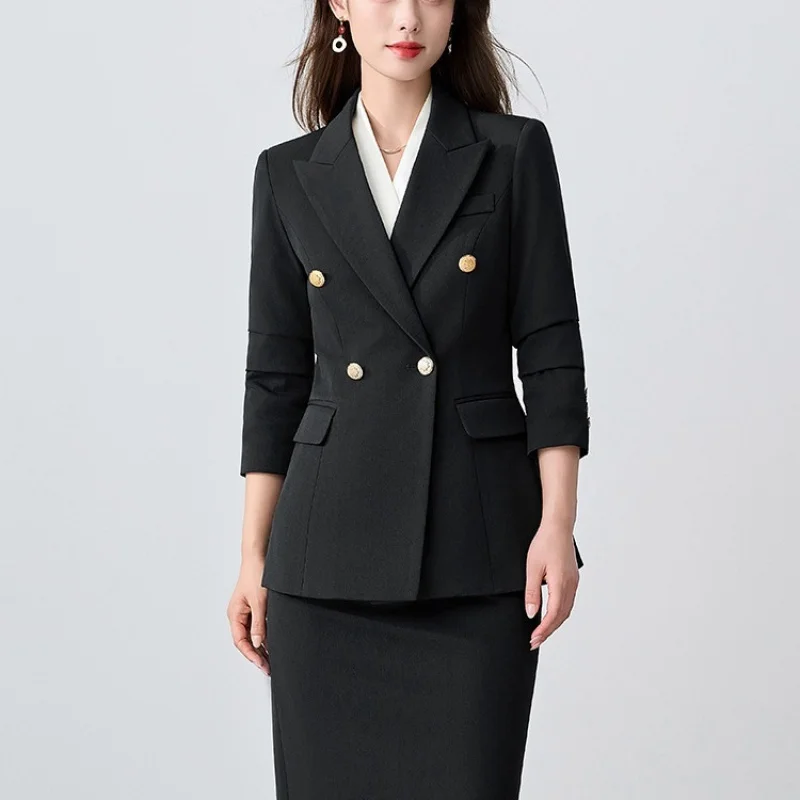 Featured fashion professional attire for women: navy blue business suit set, high-end Hong Kong style fashionable office workwea