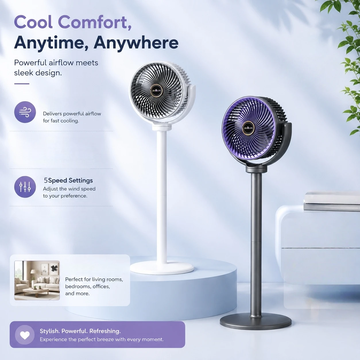 Moderner 2-in-1 Boden- und Tischventilator mit 5 Geschwindigkeiten, Kraftvoller Luftstrom, Tragbarer USB-Standventilator für Zuhause, Schlafzimmer, Büro