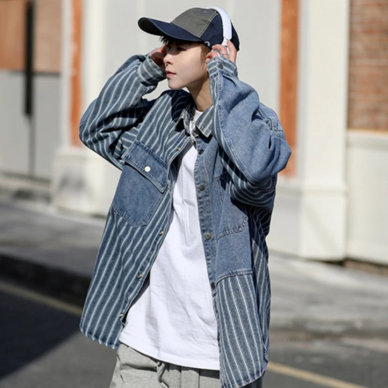 Manteau de Cowboy à rayures pour hommes, vêtements à livraison rapide, Cowgirl à bord du tissu, vestes en Denim amples élastiques de styliste Rock pour hommes