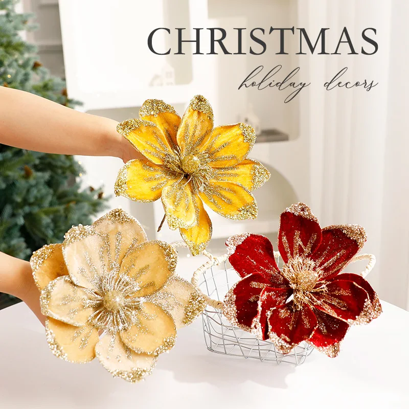 Sequins Artificial Imitation Christmas Flower Mesh Gauze Art Tabletop Decorative Ornaments High-grade Velvet Xmas Tree Decor