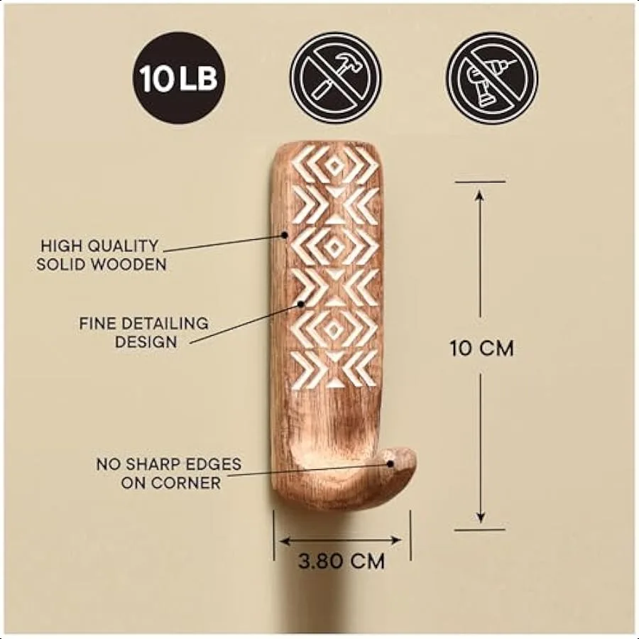 Boho Decorative Wood Adhesive Wall Hooks for Coats 3 Hooks 6 Strips Waterproof Rustproof Towel Holder NoDrill Hangers for Bathr