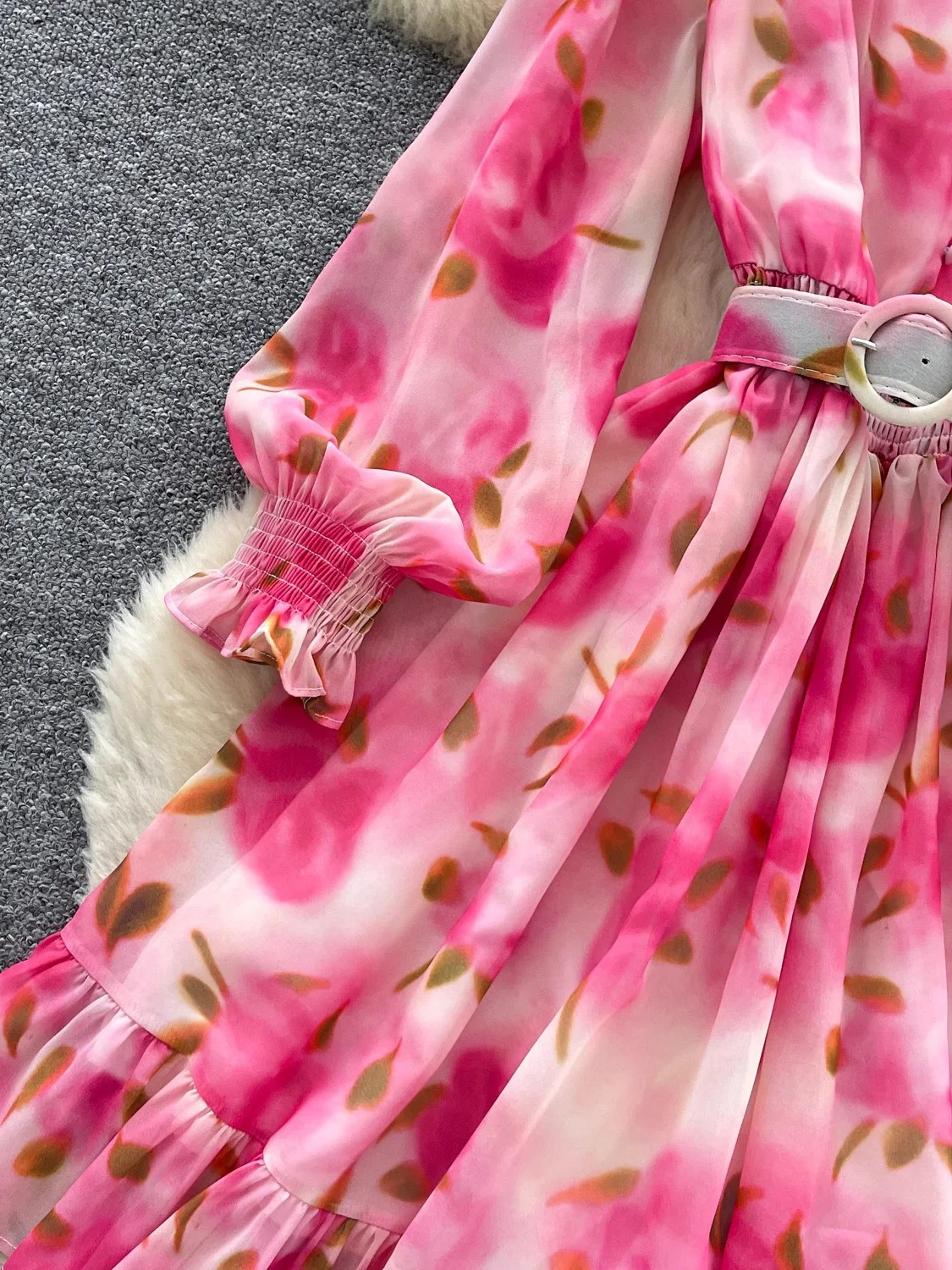 الخريف خمر المرأة المطبوعة فستان قصير أنيق فانوس كم طويل كشكش الخامس الرقبة ألف خط Vestidos عطلة الشاطئ موضة جديدة