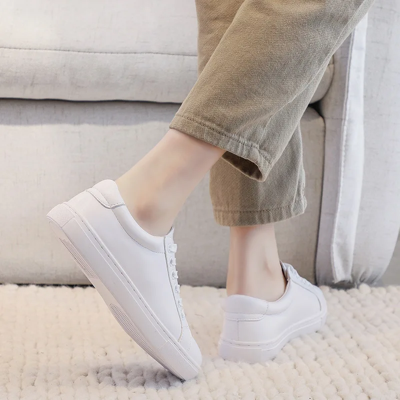 Fashion Women Shoes Platform Sneakers Ladies Lace-up Casual Shoes Breathable Walking Pu Leather Shoes White Flat Girl Size 35-43