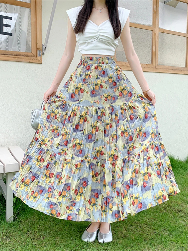 Real Shot French Sweet Oil Painting Floral High Waisted A-line Skirt for Women Retro Floral Print Large Swing Long Skirt A278