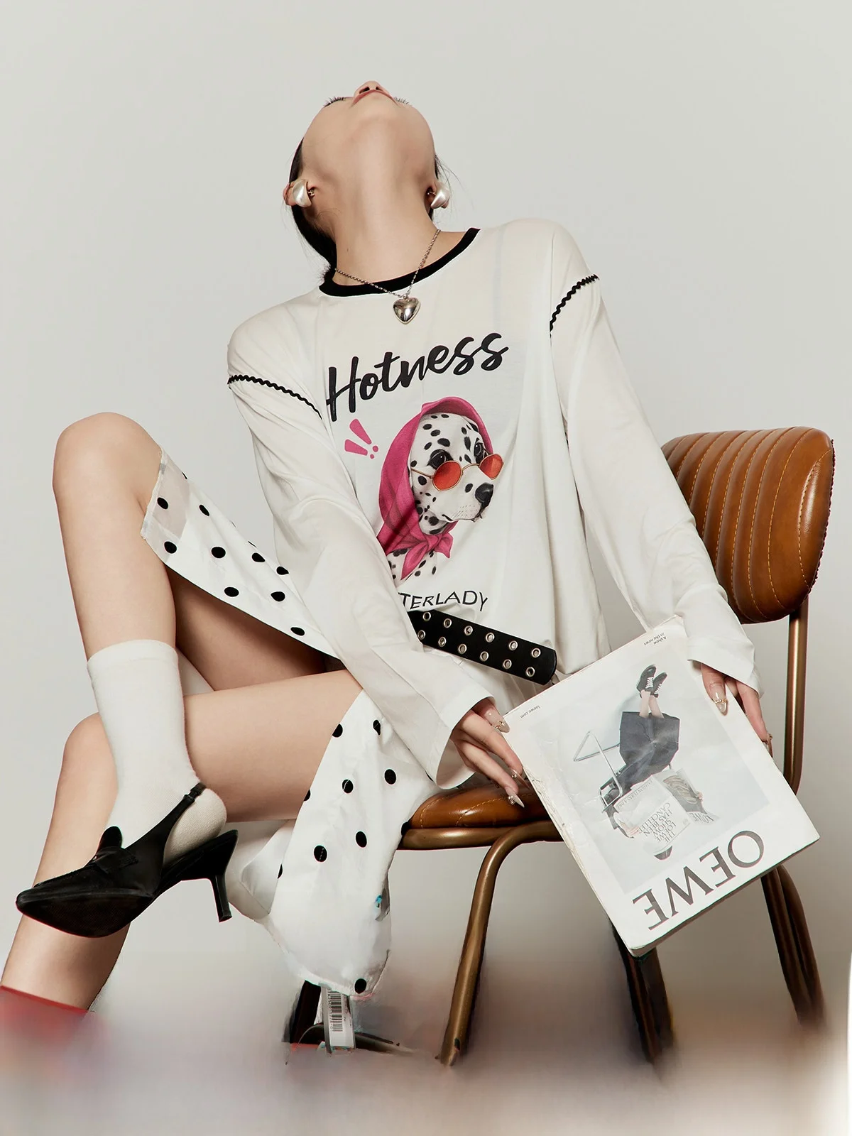 

White Lazy Style Women's T-shirt Dog Grandma Spring 2026 New Loose Fit Pure Cotton Long Sleeve round Neck Print Top