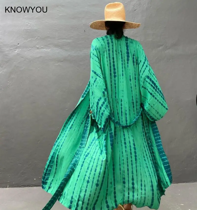 Boho Streifen Tie Dye Badeanzug Cover Up Kimonos Ponchos Bikini Beachwear Strand Robe Femme Langes Kleid Tunika Sarong Strickjacke