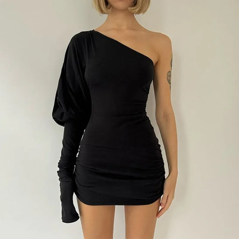 

Tuularose Black Off Shoulder Short Dress Women's Fashion Pleated Bodycon Party Dress Y2k Summer Slant Neck High Street Dress