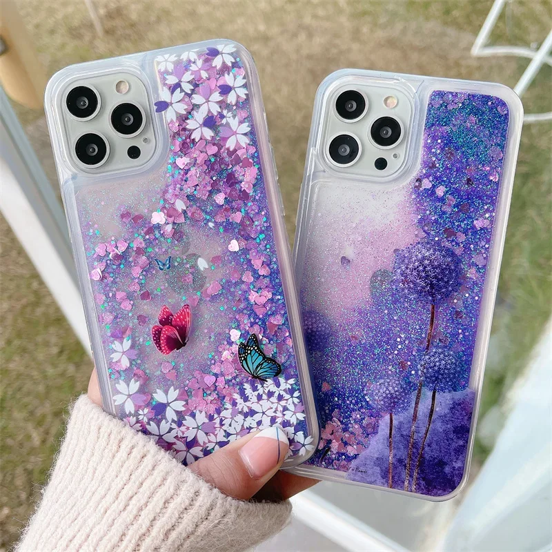Dandelion Floral Quicksand for iPhone 15 Pro 14 13 16 Pro Max Phone Case Purple Moving Sand Heart Flakes Soft Cover Clear Shell