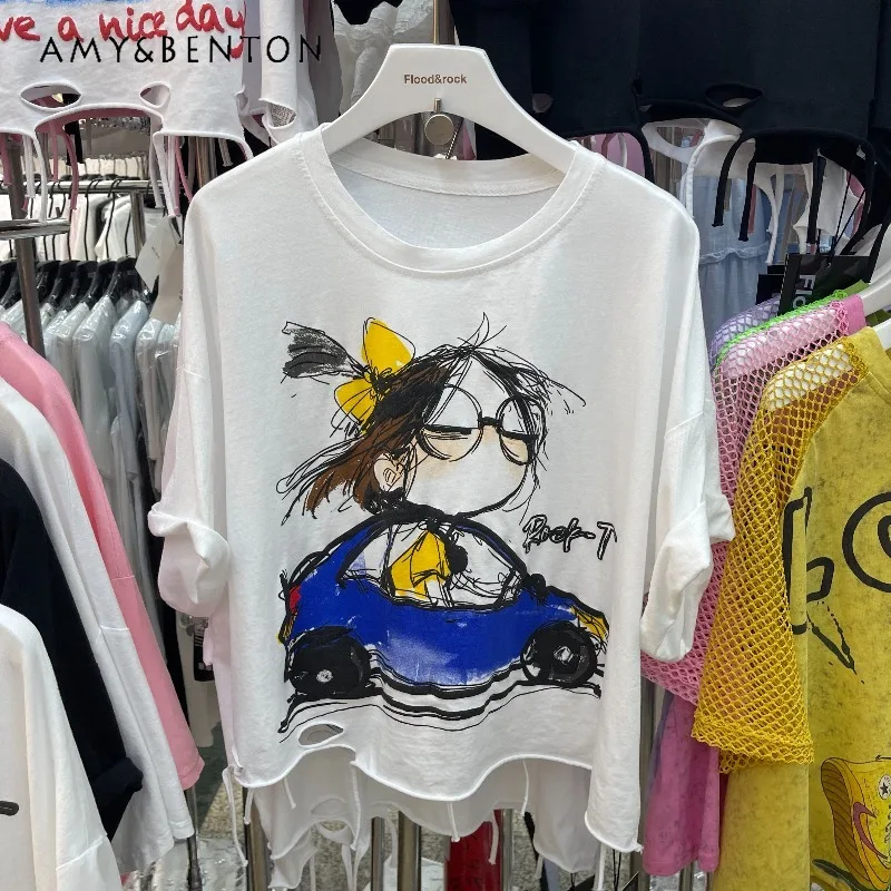 

Washed Overdyed Cartoon Printed Cropped T Shirt Loose Casual Retro Soft Cotton Short Sleeved Pullover Fashion Daily Wear Women