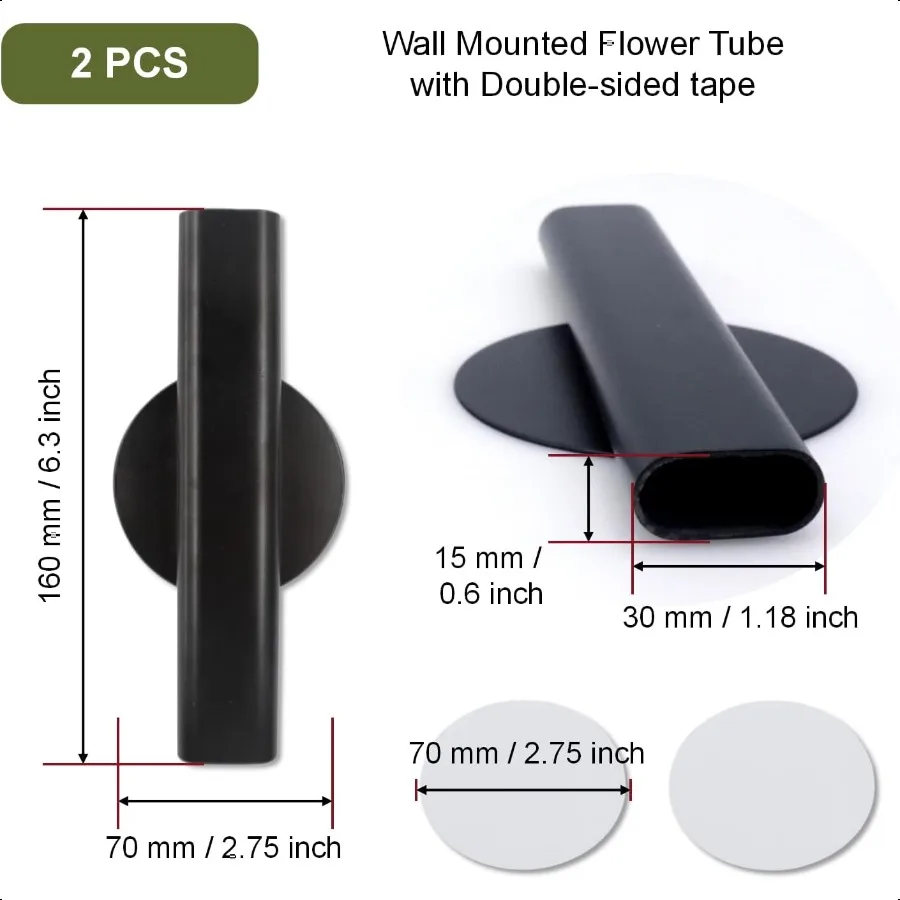 壁掛けフラワーチューブ 6.3インチ 花用金属花瓶 粘着式壁掛けフラワーホルダー装飾 ミニマリストオープンチューブデザイン用