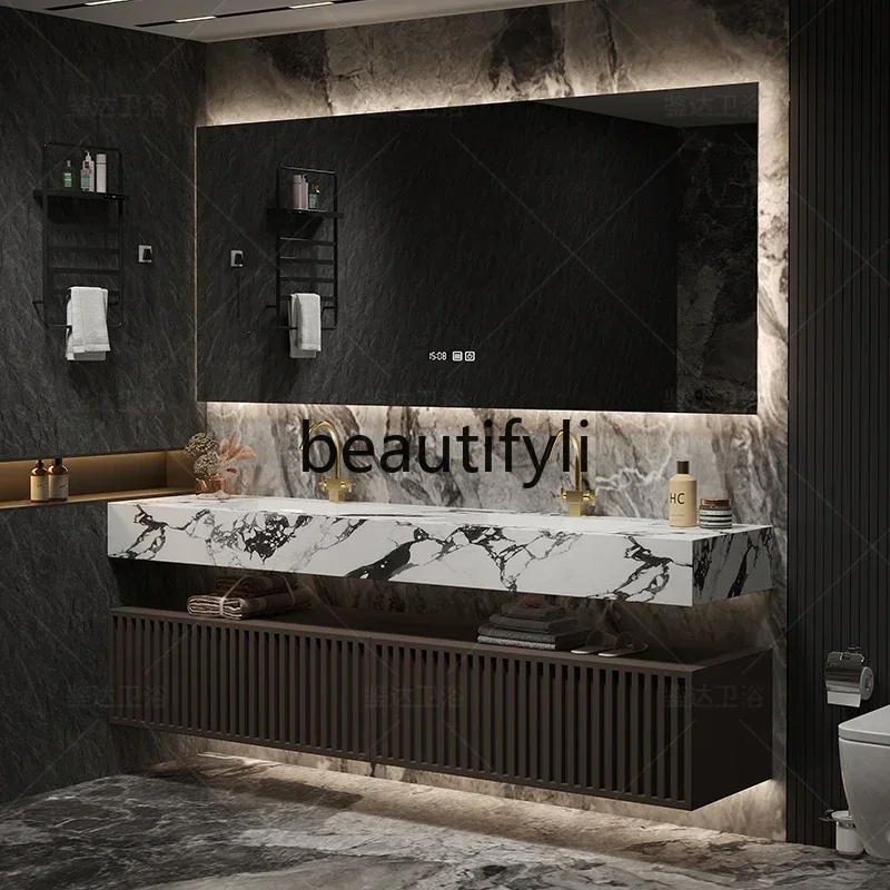 

Light luxury hotel wind rock slab seamless double basin bathroom cabinet washstand solid wood hand washbasin cabinet