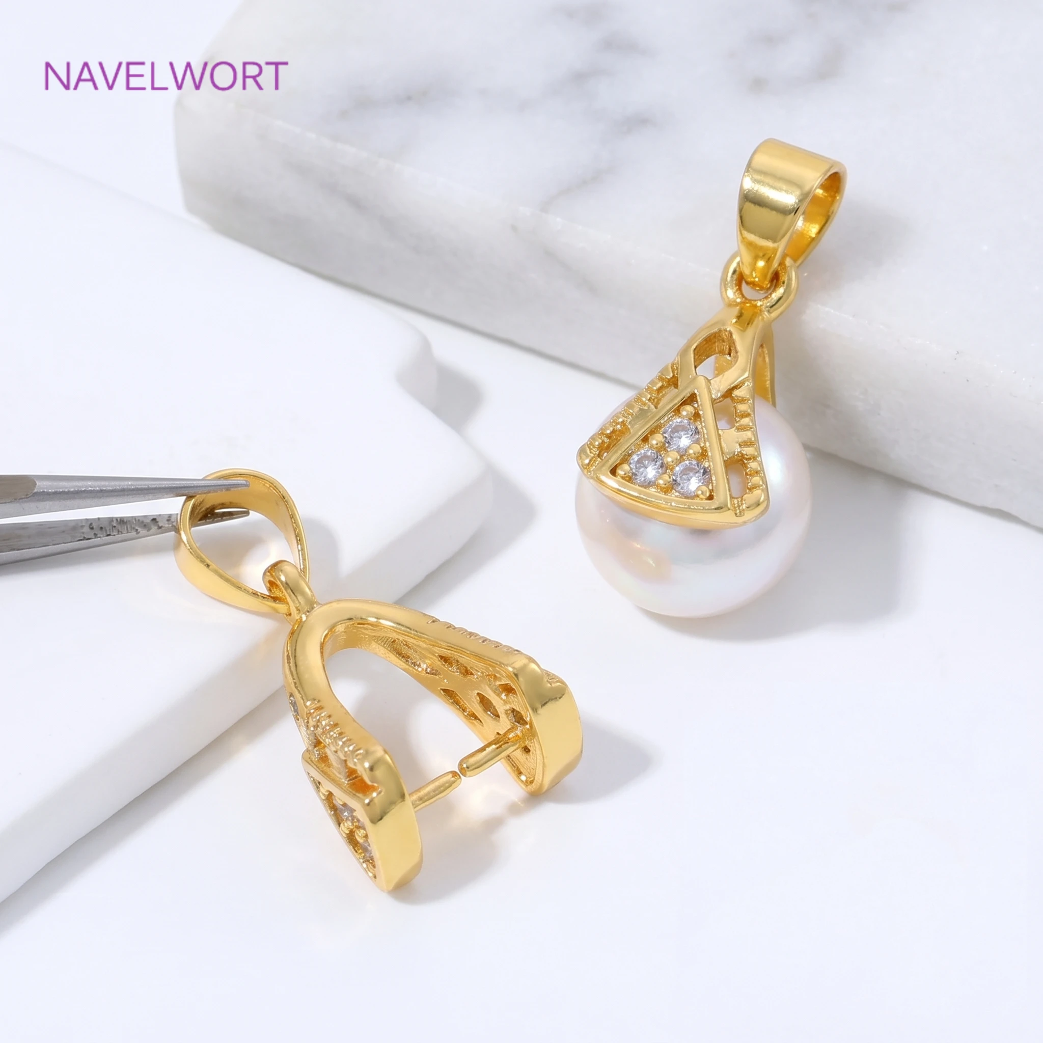18K Gold Plated Brass Pendant Pinch Bail For Jewelry Making,With Zircon Bail Holder For Pendant,DIY Necklace Accessories