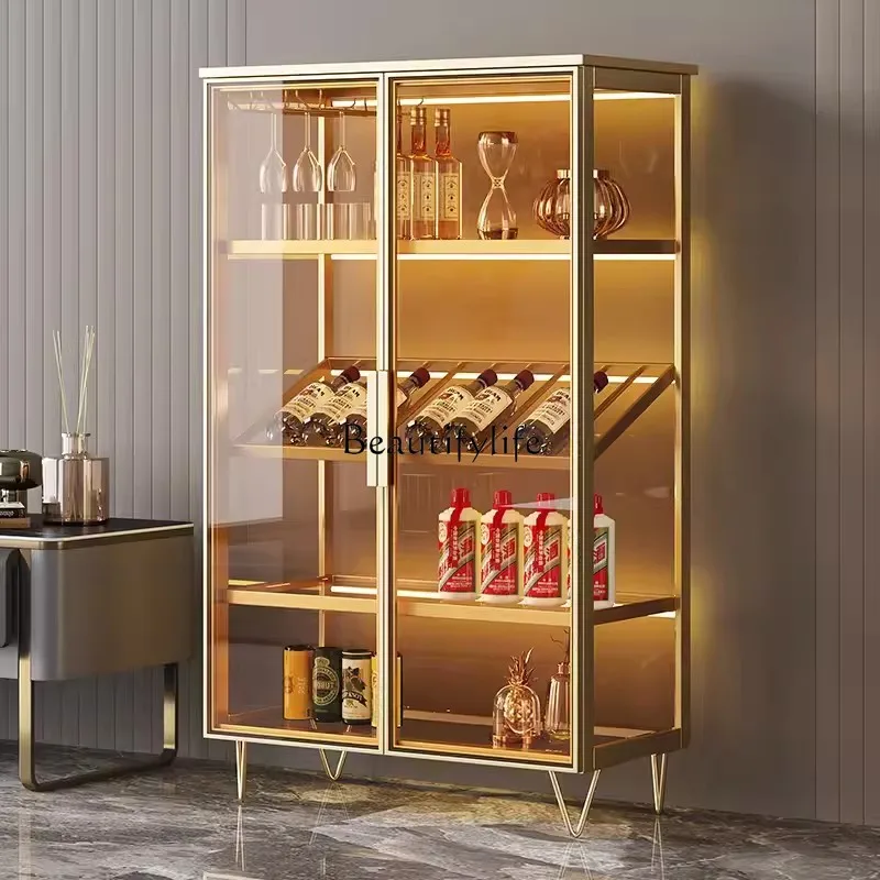 

Light Luxury Wine Cabinet Living Room Wall Shelf Aluminum Alloy Tempered Glass Door Partition Display Cabinet