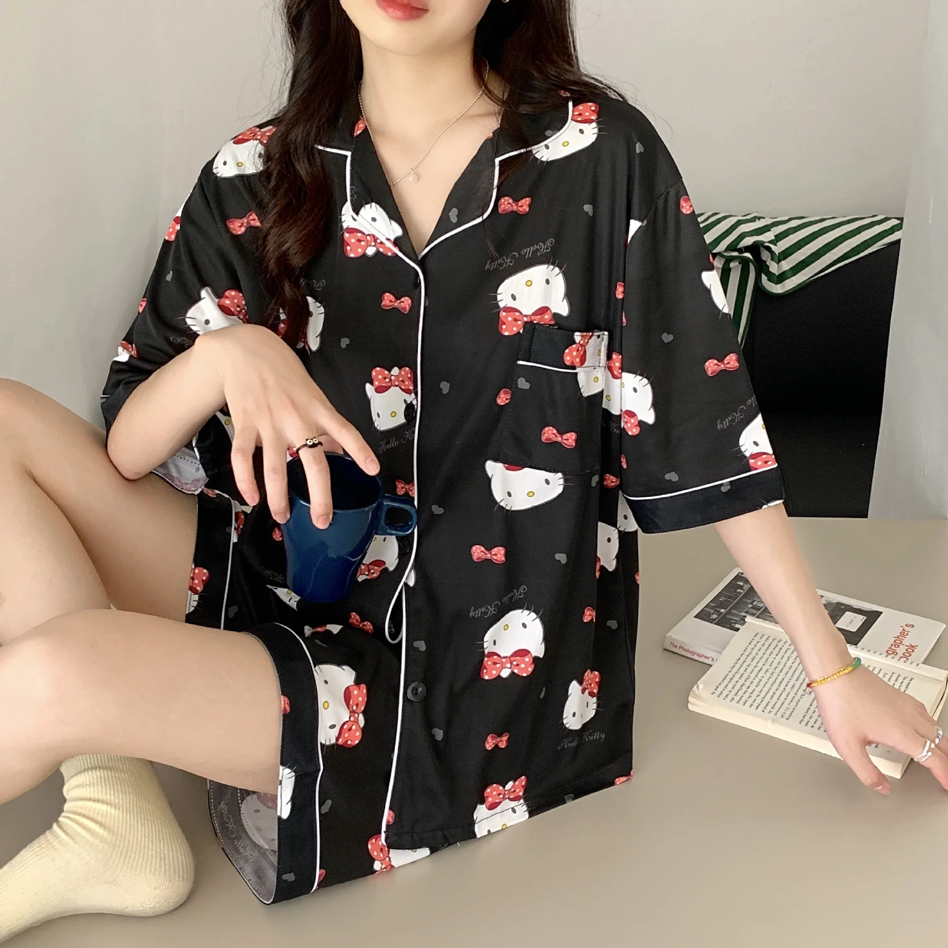 Sanrio Hello Kitty New Pajamas Set Women Summer Short Sleeve Top Shirts Sorts 2 Piece Home Suit Y2k Cute Clothes Thin Sleepwear