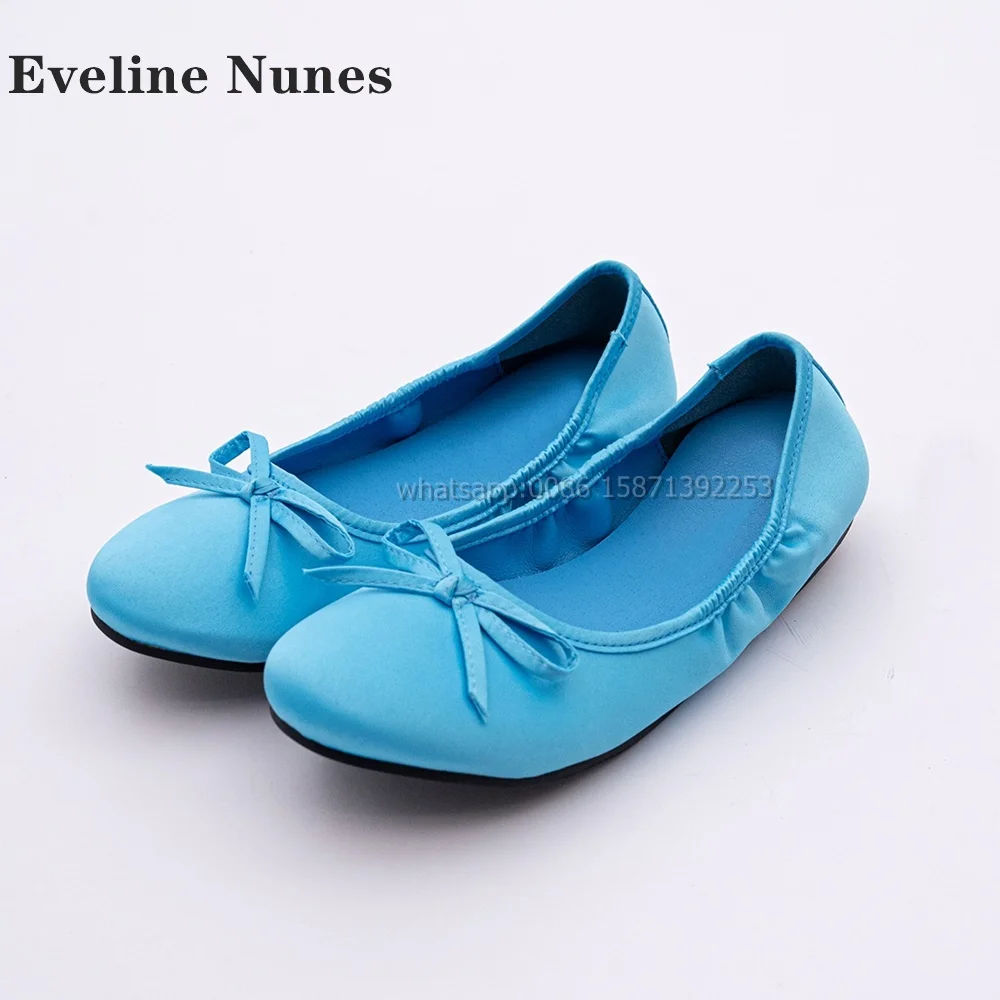 

Bowknot Shallow Pleated Blue Pumps Round Toe Flat with Solid Slip On Splicing Ballet Shoes Casual Comfortable Elegant Shoes 2024