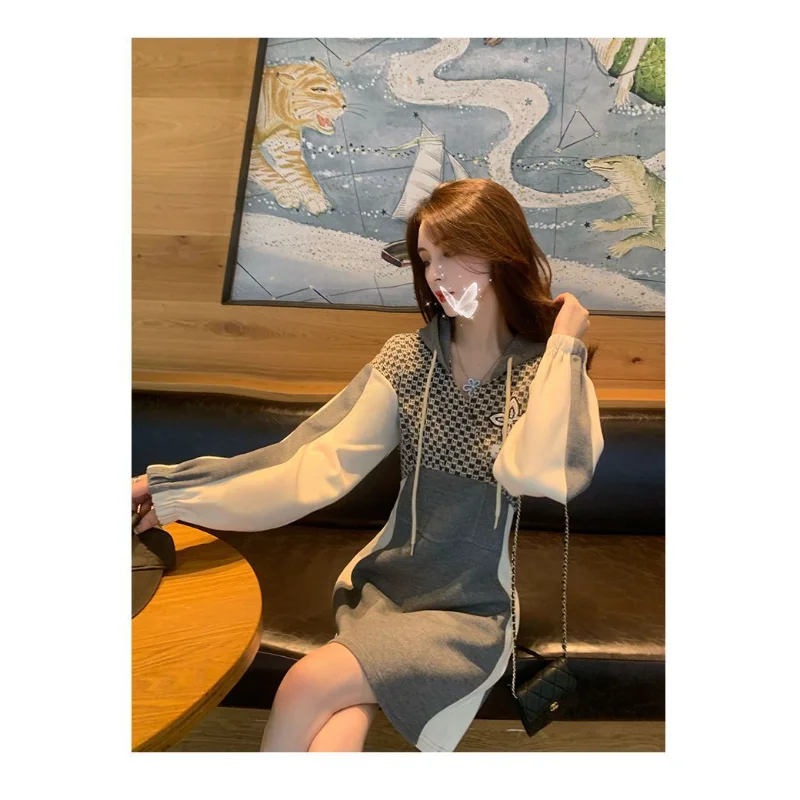 Women's Waist-hugging Hooded Lantern Long Sleeve Contrasting Color French Sweatshirt Dress