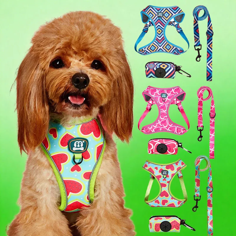 

3PCS/Set Reflective Adjustable Pet Harness & Leash Set with Waste Bag Dispenser for Dogs Pet Walking Training Durable Lead