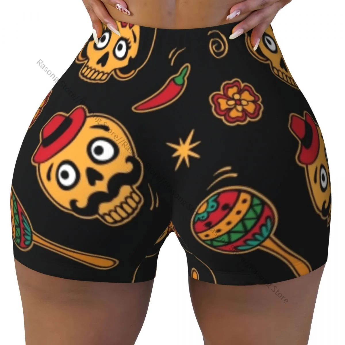 Yoga Shorts Mexican Skulls Women Biker Tight Elastic Workout Sports Leggings Sportswear