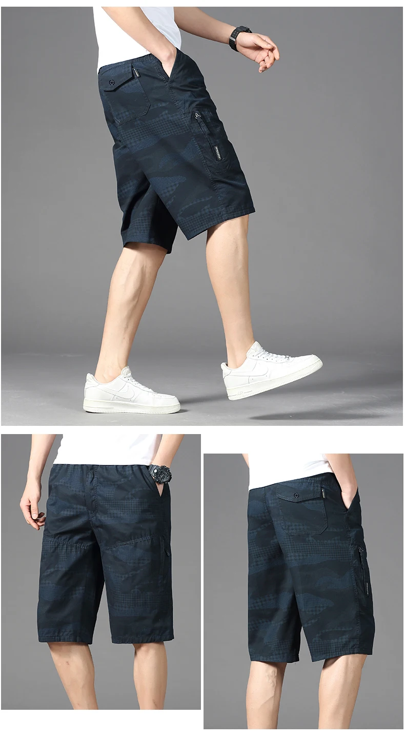Knielange Freizeitshorts für Herren, Reißverschlusstasche, modisch, lockere, gerade Baumwolle, bequem, Strand, kurze Laufhose – Detail 2