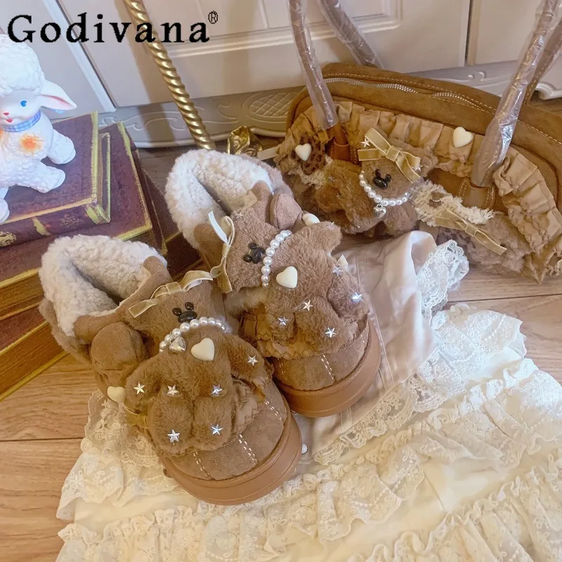 

Retro Thickened Warm Snow Boots for Women Original Pearl Plush Bear Heart Boots Female Round Toe Thick Sole Sweet Shoes