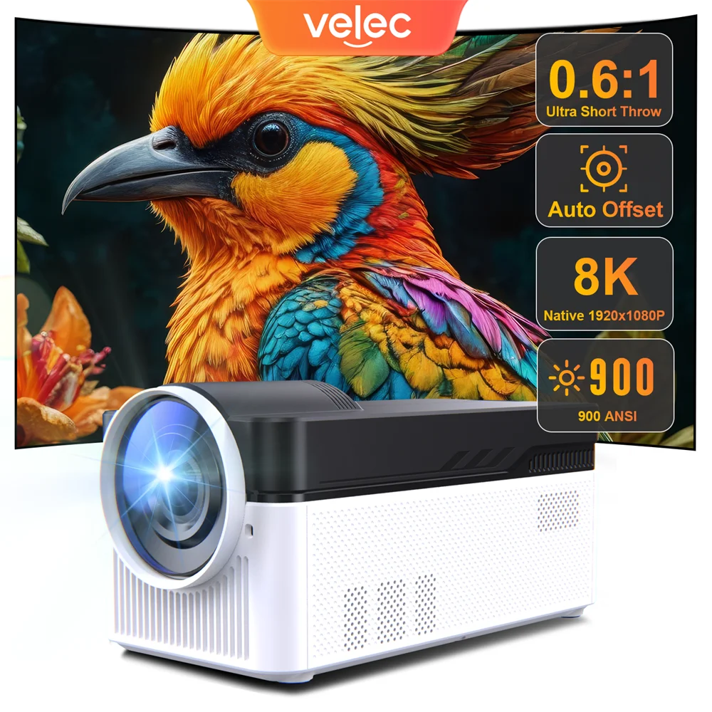 Velec Ultra Short Throw Projector 8K 4K 1080P 900ANSI BT5.4 WiFi6 Allwinner H716 Electronic Focus Android 11 Projector HY450