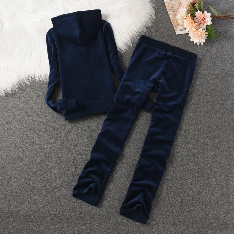 Juicy Coursera Tracksuit 2024 Women\'s Solid Color Top and Pants Suit Velvet Tracksuit Two Piece Set