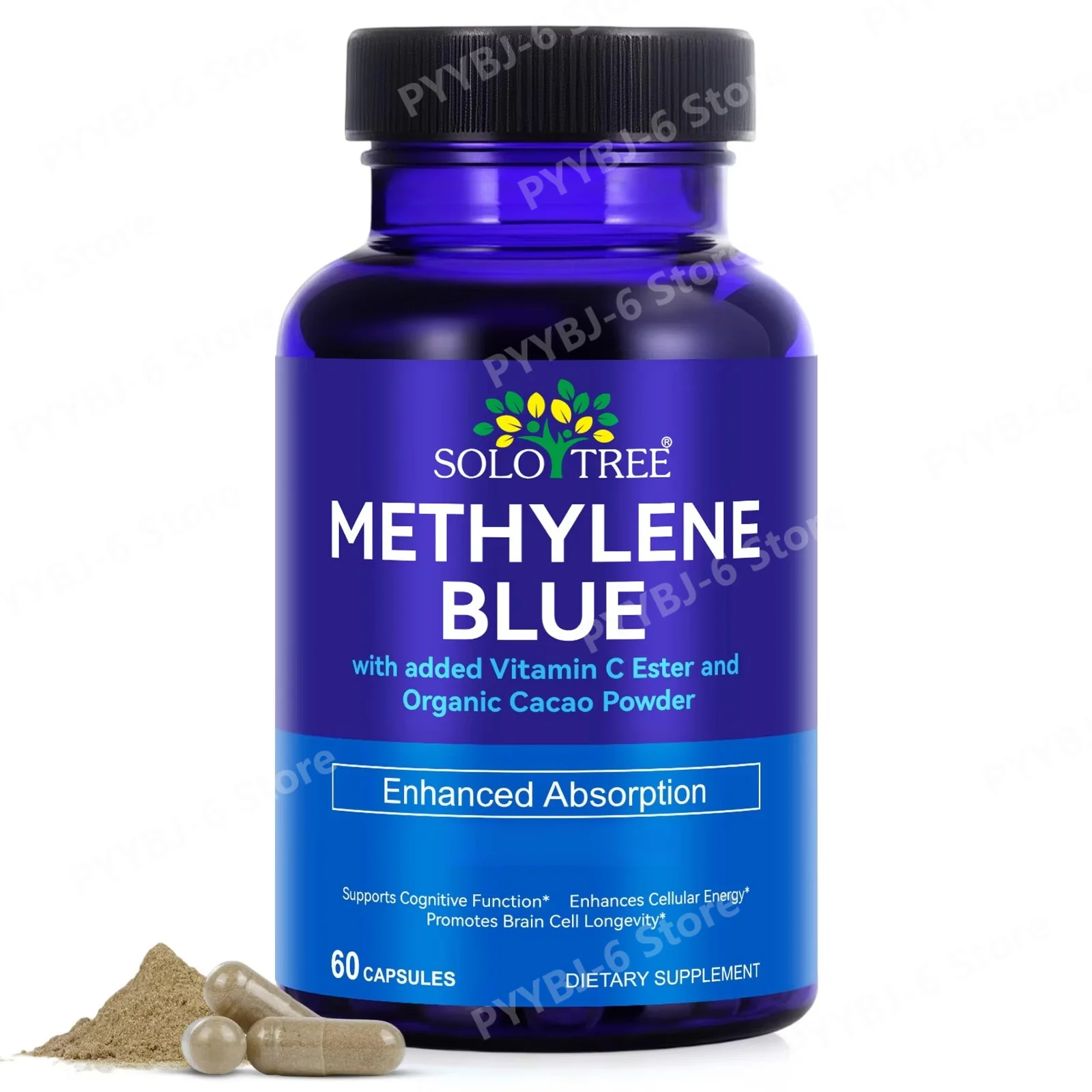 Solo Tree Methylene Blue Capsules with Vitamin C Ester and Organic Cacao Powder, Cognitive Function Support, 60 Capsules