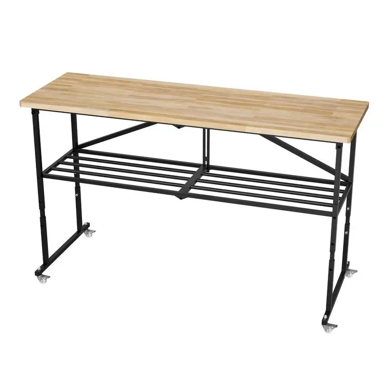 Heavy-Duty Folding Butcher-Block Workbench - Portable Wood-Top Utility Table w/ Locking Casters & Quick-Collapse Steel Frame