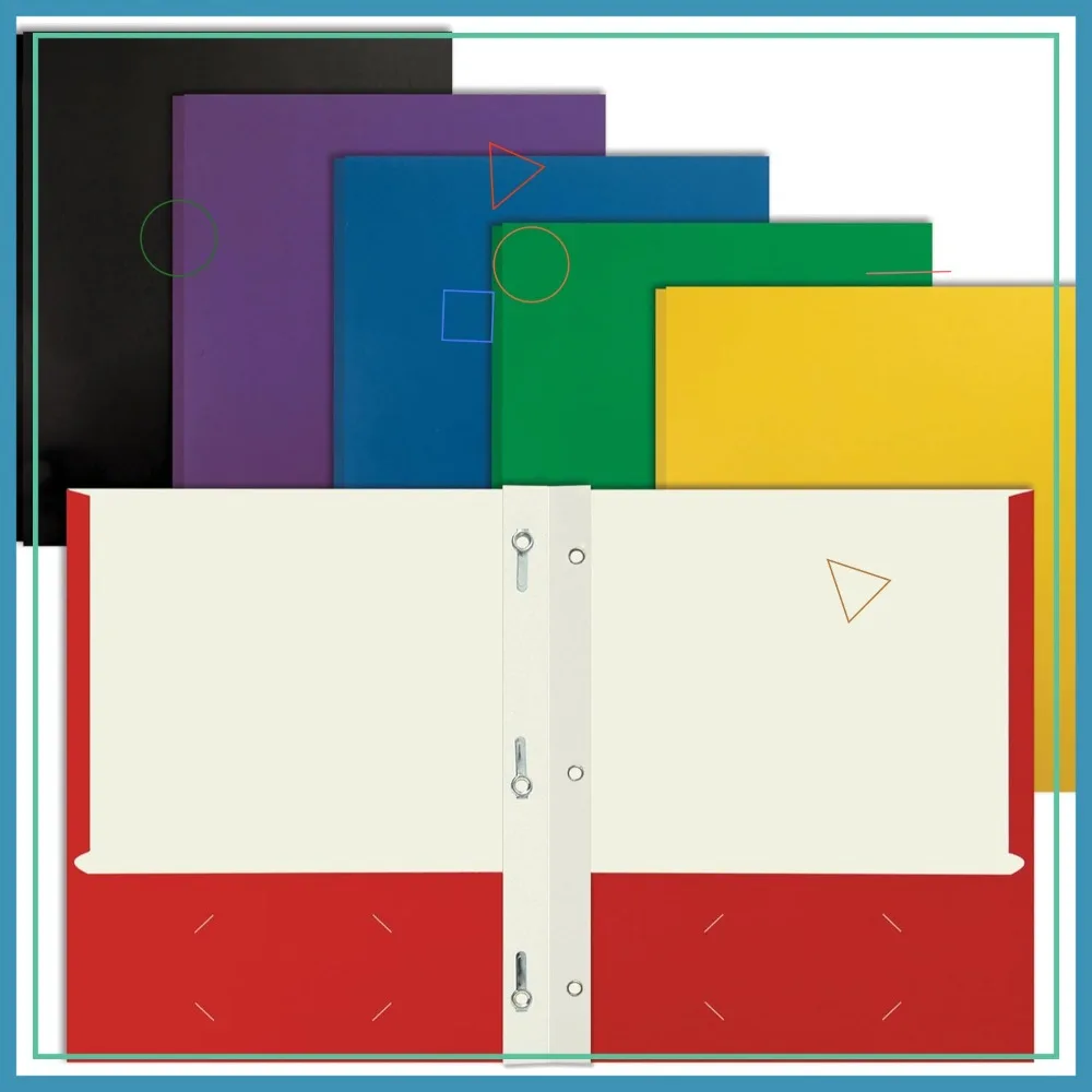 

100 Pack Letter Size Paper Portfolios, Assorted Primary Colors with Fasteners, 2 Pocket Folders for Office Use