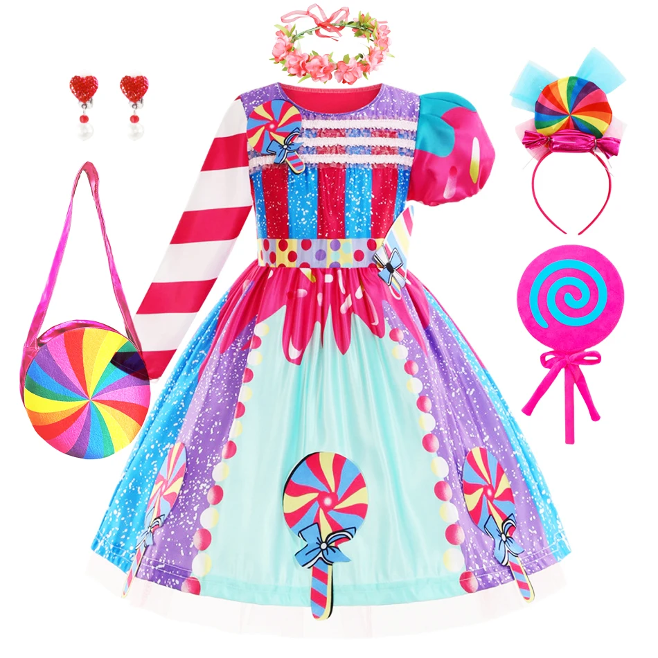 Girls Purim Dress Lollipop Fantasy Dresses Children Carnival Rainbow Candy Princess Costume Birthday Party