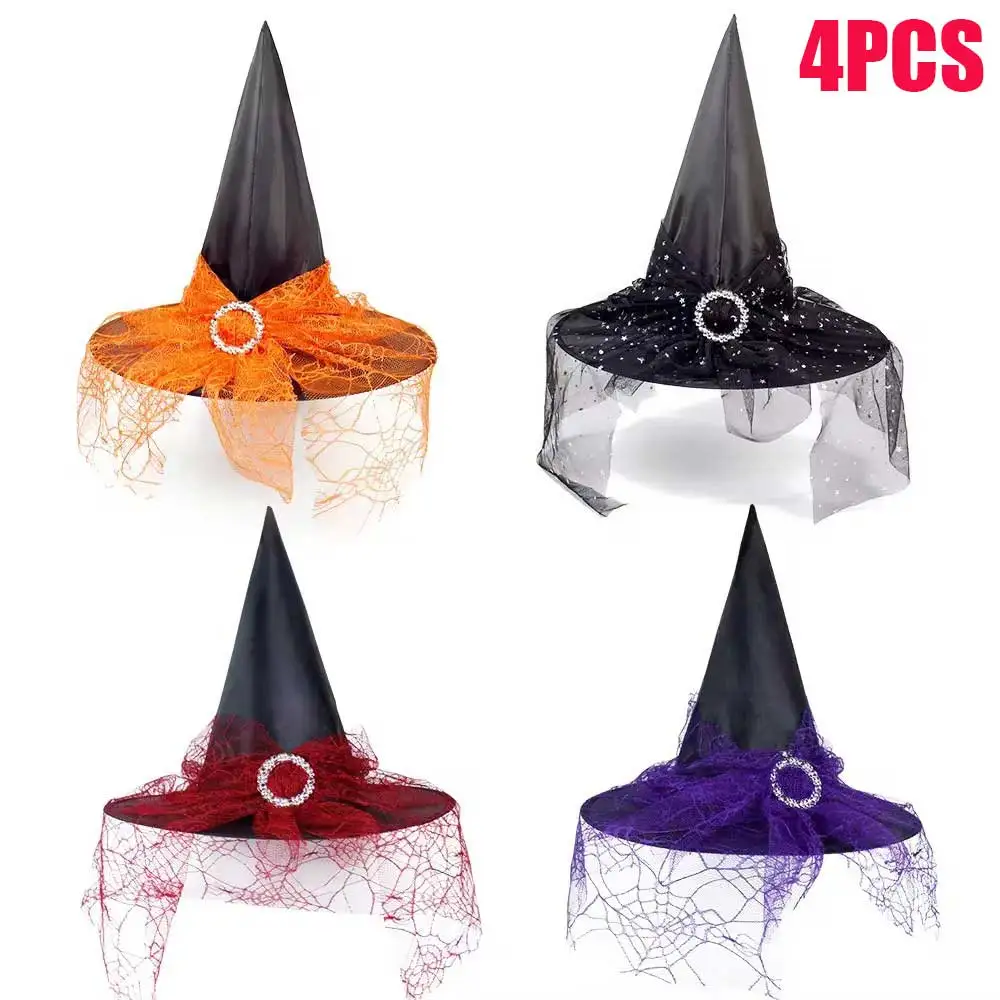 Witch Hat Halloween Hat Decoration Props for Adults Children Cosplay Witch Net Gauze Headwear Polyester Taff Witch Halloween