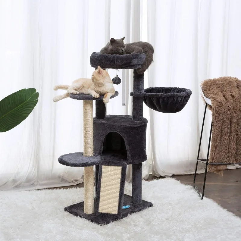 

Cat Tree with Scratching Board, Cat Tower with Padded Plush Perch and Cozy Basket, Multi-Platform for Jump,