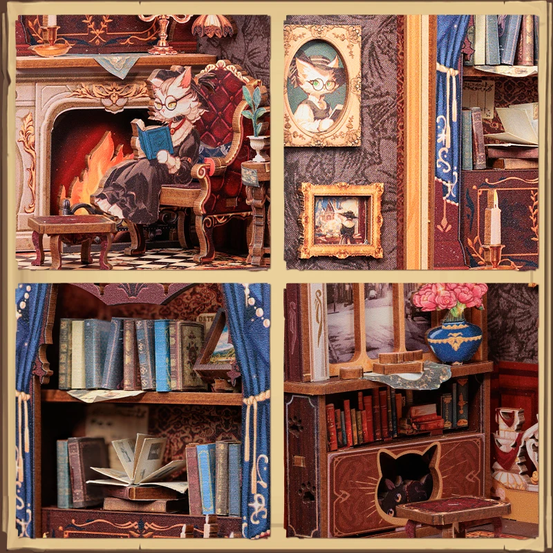 DIY Miniature Book Nook Shelf Insert – Cat’s Study 3D Wooden Puzzle Kit with LED Lights 6