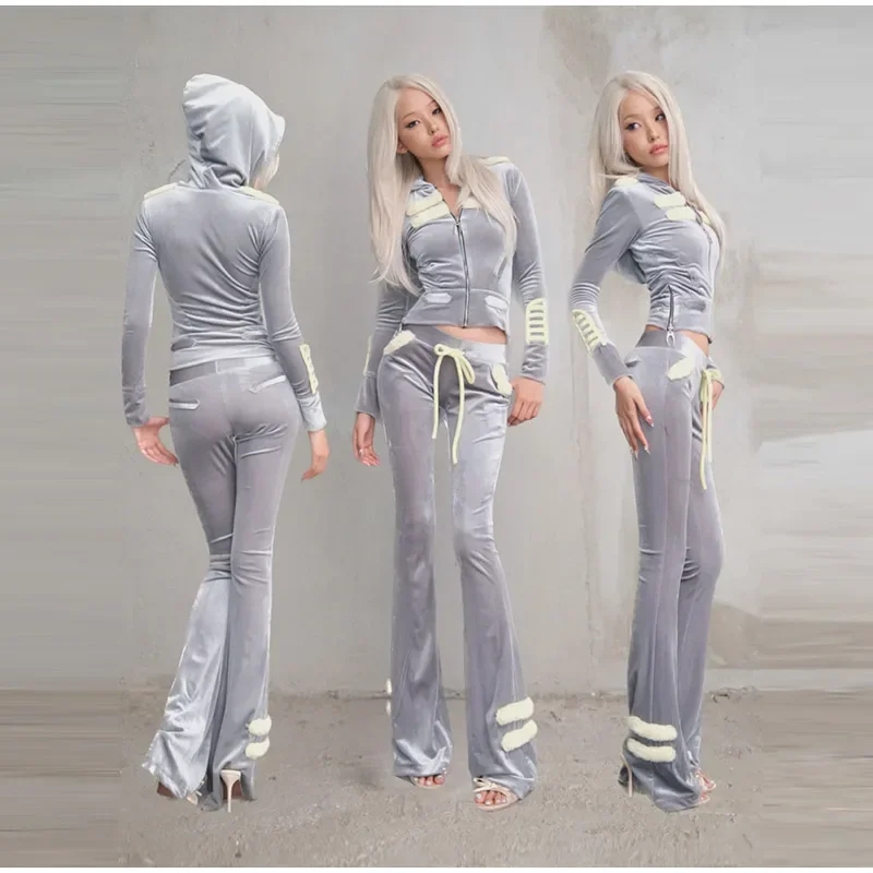 Damen-Hosen-Sets Kunstfell-Patchwork Langarm-Reißverschluss-Hoodies Mäntel Hochgeschnittene Schlaghosen Herbst Neue Schlanke Outfits für Frauen – Detail 4
