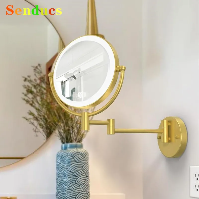 نحى الذهب Led مرايا الحمام جودة النحاس 10X مكبرة مرآة لوضع مساحيق التجميل المزدوج الذراع تمديد الذهب Led مرايا الحمام القابلة للطي #1