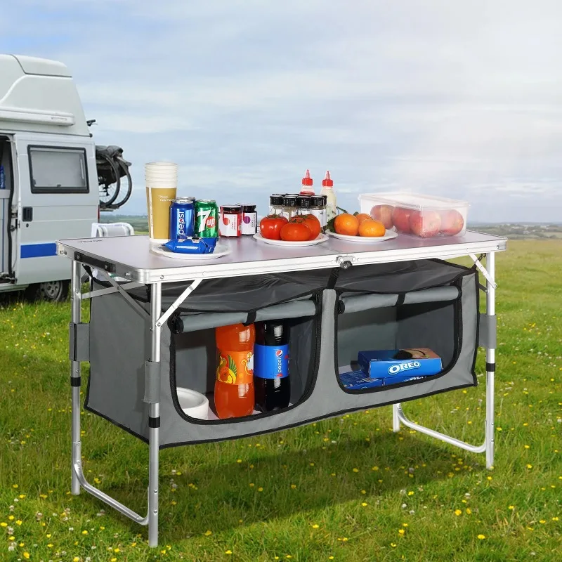 

BENTISM Camping Kitchen Table Folding Portable Cook Station 3 Adjustable Heights