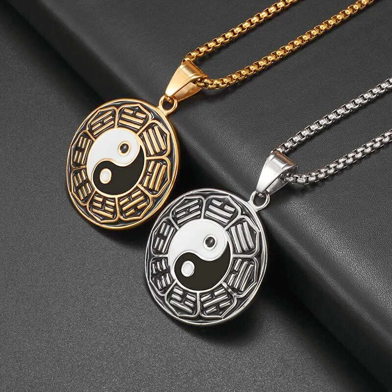 Men\'s and Women\'s New Chinese Tai Chi Yin Yang Eight Trigrams Black and White Pendant Necklace Taoist Lucky Charm Jewelry Gift