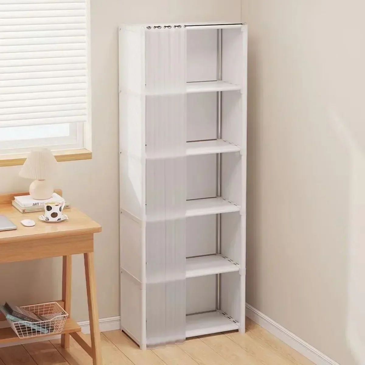 Multi-layer Storage Rack Dustproof Wardrobe Storage Cabinet Multifunctional with Curtains Portable