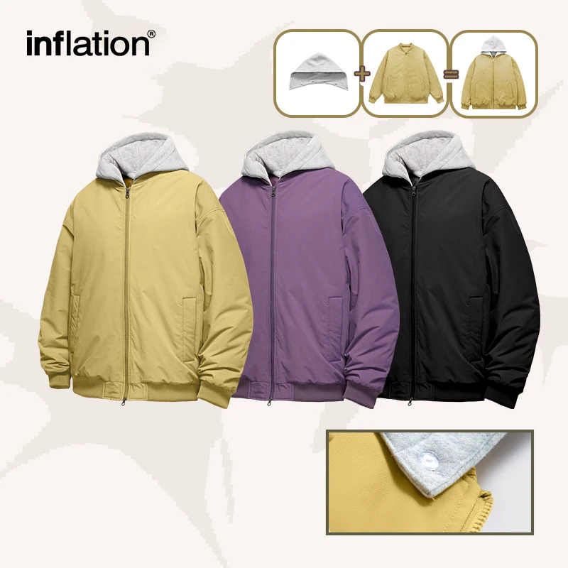 INFLATION Colorblock Detachable Hooded Bomber Coat Men Winter Warm Fake Two Pieces Cotton Padded Baseball Jacket