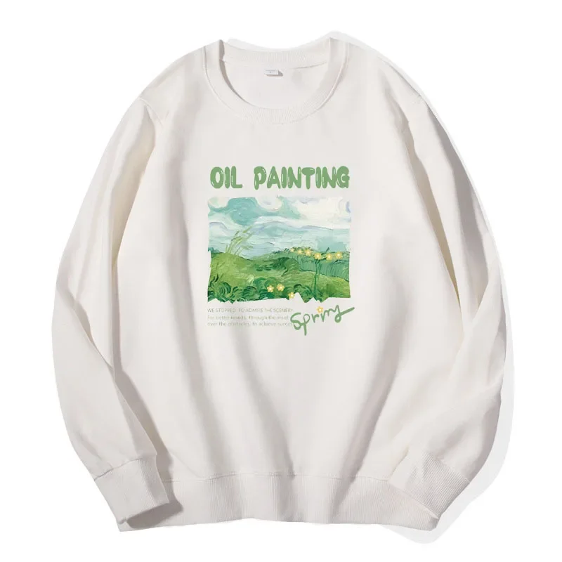 Women Casual Clothes Pullover Fashion Green Oil Painting Sweatshirt Pure Cotton Hoodies Streetwear Lovers Long Sleeve Tops