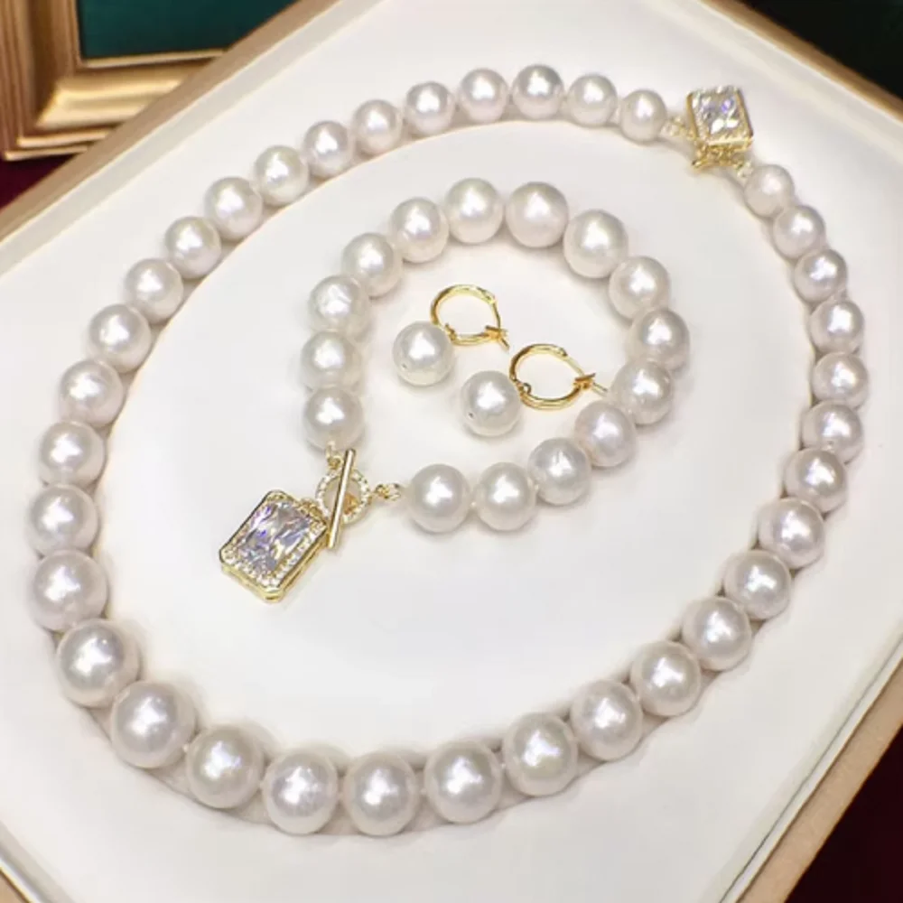 Natural Pearl Necklace AAAA11-12mm White Round Pearl Necklace 18inch+Bracelet 7.5-8inch Earring Set 925s