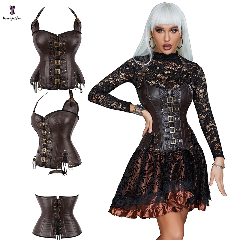 Black Brown Buckle Up Halter-neck Overbust Corselet Steampunk Clothing 10 Glue Boned Thin Leather Corset For Women With Zipper