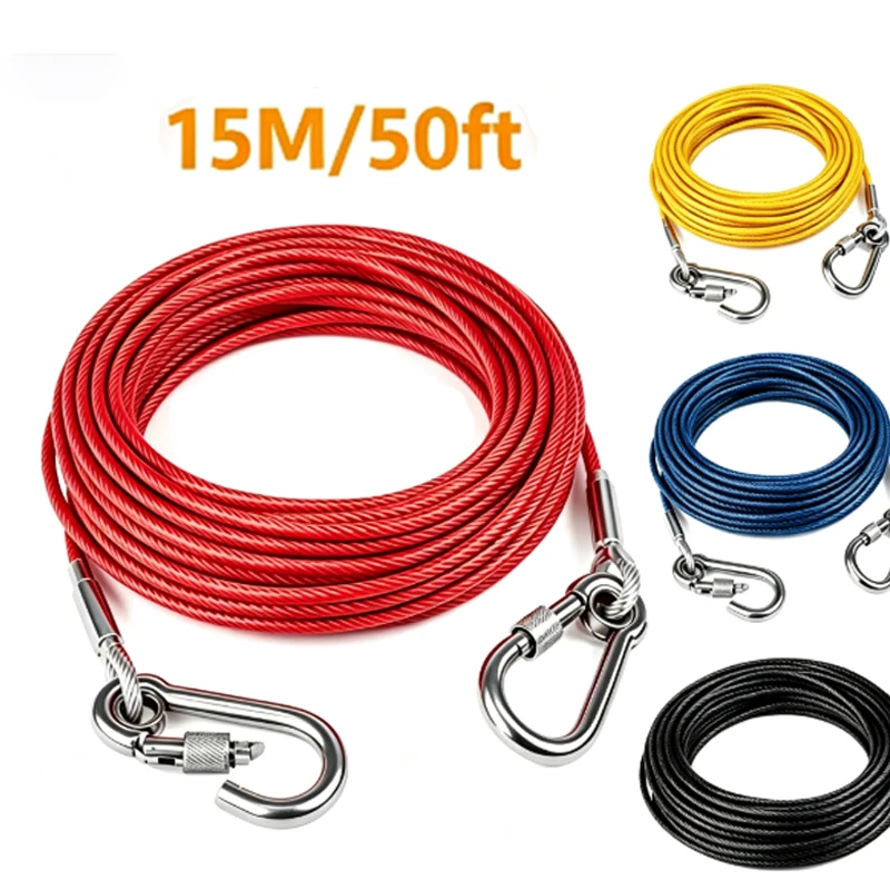 460/900/1500 Stainless Double Steel Heavy-Duty Wire Dogs Rope Chain Durable Leash Cable Dual Heads Metal Hooks Red Pet Supplies