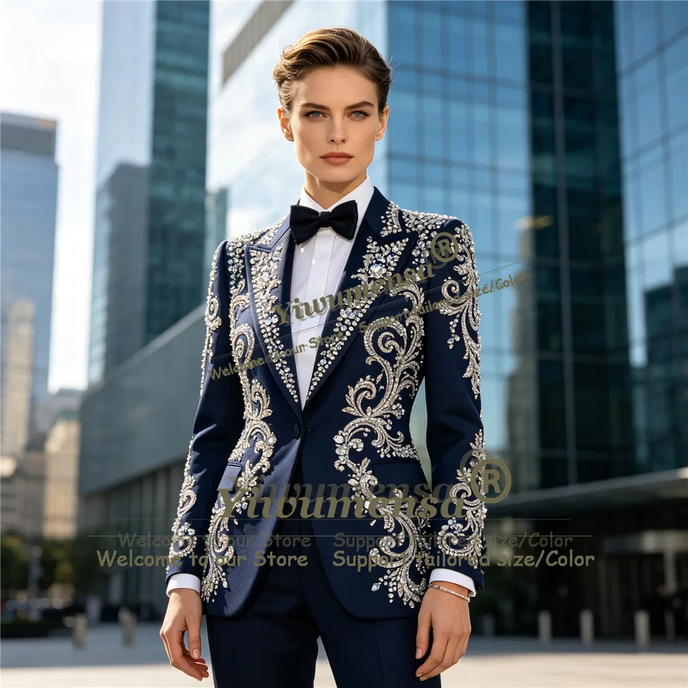 Luxury Crystals Beading Suits Women Slim Fit Single Breasted Jacket Pants 2 Piece Sets Lady Business Party Tuxedl Female Clothes